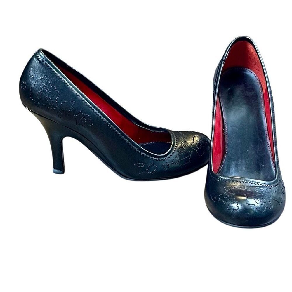 Women’s Black Leather Embroidered Pump Heels 7.5